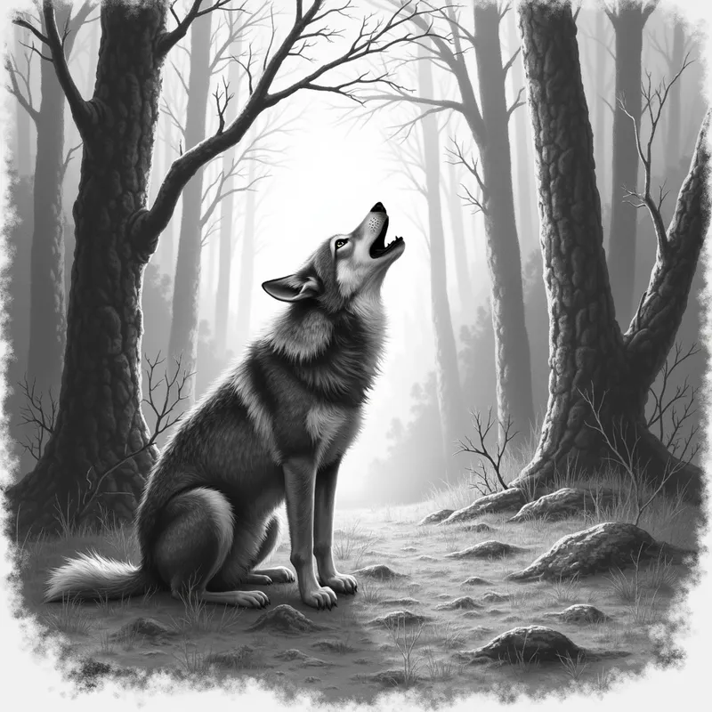 Wolf Hunting in the Forest Drawing - grayscale realistic pencil drawing of a wolf hunting in a forest - AI image generated with Photorealistic 2
