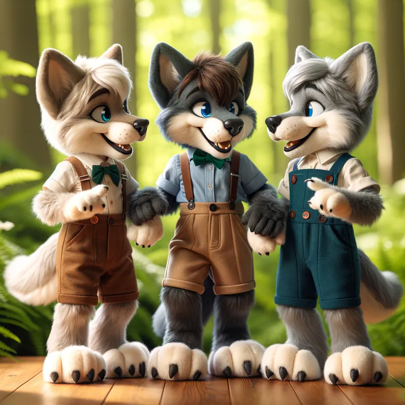 Wolf Pups in Dresses - 3 little boy wolves with dress - AI image generated with Art