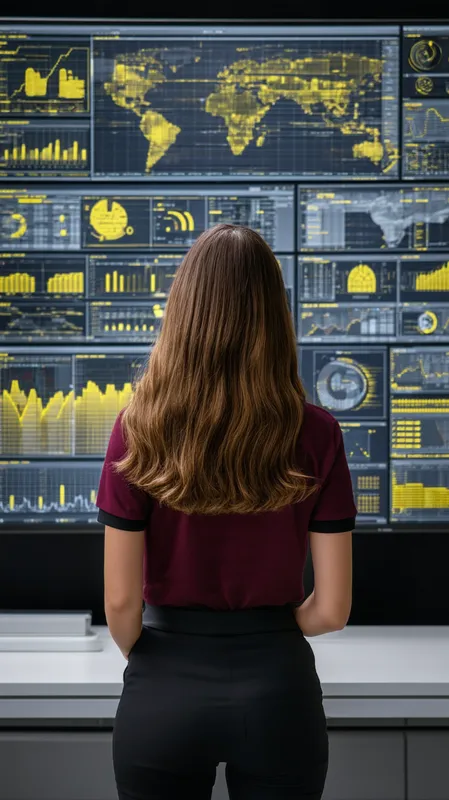 Woman Analyzing Data on Giant Screen - Realistic photo showing a full-length standing woman with fair skin, long wavy brown hair parted forward, wearing a burgundy polo shirt, with her back turned looking up at a giant computer screen displaying a huge array of yellow graphs and data charts.