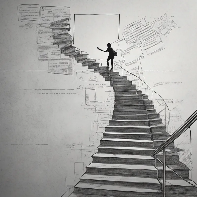 Woman Ascends Diploma Staircase at Dawn - A monochrome, landscape-oriented image of a staircase made of diplomas and chalkboards ascending toward a bright horizon, with a woman silhouette climbing steadily, representing progress in academia and teaching careers. - AI image generated with Photorealistic - minimalist line art, cyberpunk, pencil drawing
