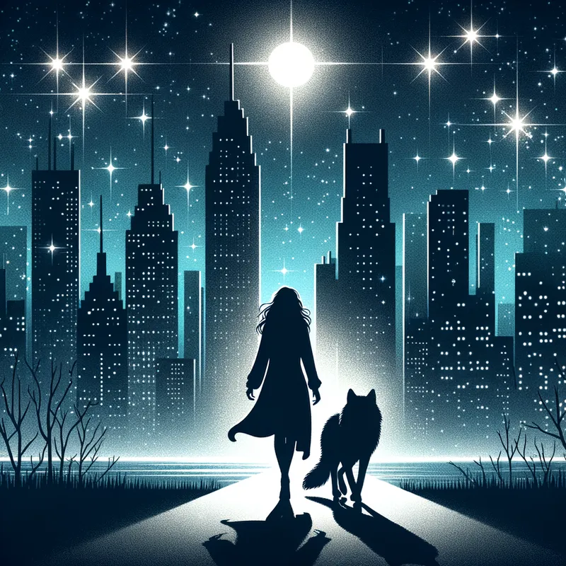 Woman, Wolf, Starlit City - A silhouette of a woman and a wolf walking together along a starlit cityscape, with sparkling stars illuminating their path and tall buildings casting long shadows. - AI image generated with Art