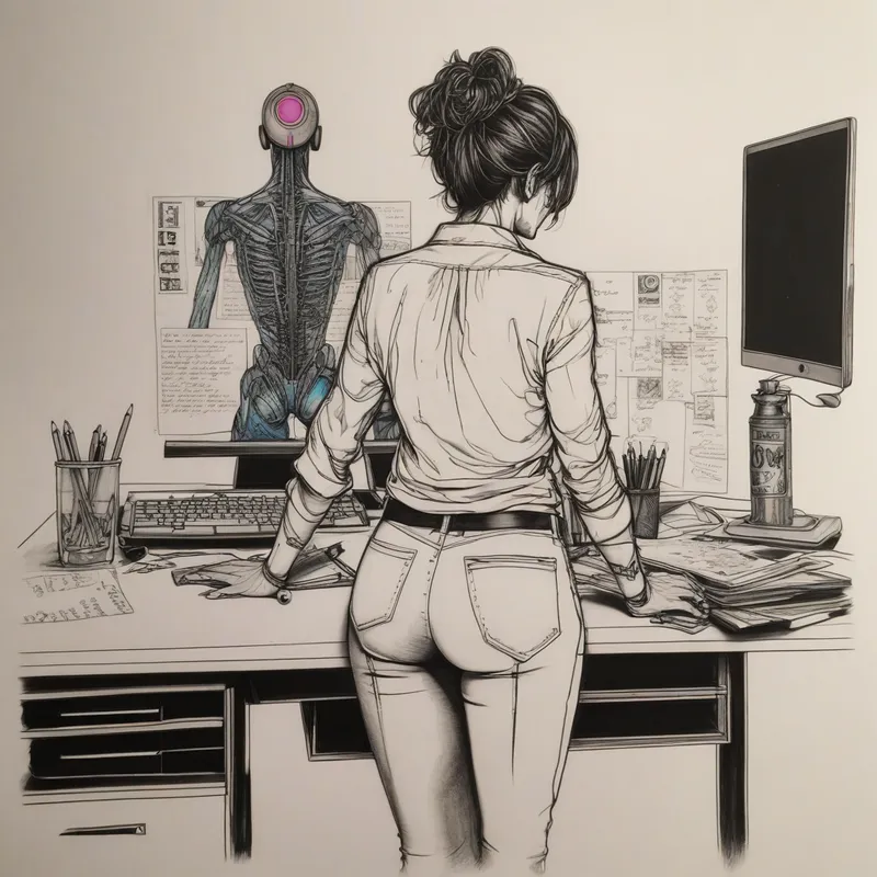 Woman at Desk in Cyberpunk Style - image of the back view of a woman in her 50's, standing at a desk as she is working towards accomplishing her goals - AI image generated with Photorealistic - alcohol ink, pencil drawing, cyberpunk