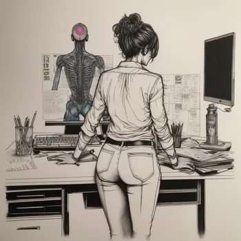 Woman at Desk in Cyberpunk Style