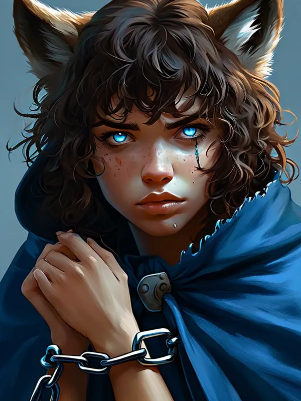 Woman in Blue Cloak with Wolf Ears - A woman with piercing blue eyes, brown curly hair with bangs and wolf ears dressed in a blue cloak, gazes down at her shackled wrist with a look of despair. - AI image generated with Nova Canvas
