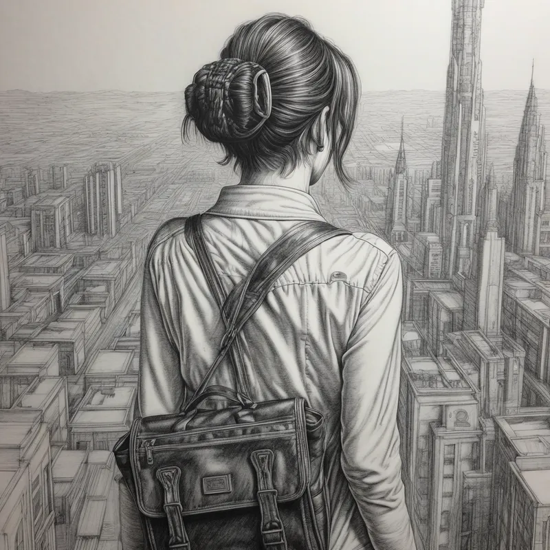 Woman's Journey: Cyberpunk Pencil Sketch - black and white back view picture of a woman in her 50's going through an academic and professional journey pencil drawing - AI image generated with Photorealistic - over-the-shoulder, cyberpunk, aerial view