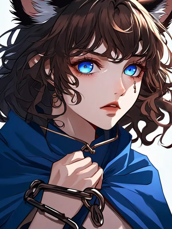 Woman with Wolf Ears in Chains - A woman with piercing blue eyes, brown curly hair with bangs and wolf ears dressed in a blue cloak, gazes down at her shackled wrist with a look of despair. - AI image generated with Nova Canvas
