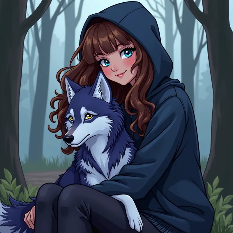 Woman with Wolf in the Woods - Illustration style; a woman with brown curly hair and bangs, blue eyes in a dark hoodie. She sits in the woods with a blue and purple wolf on her lap. - AI image generated with Photorealistic 2