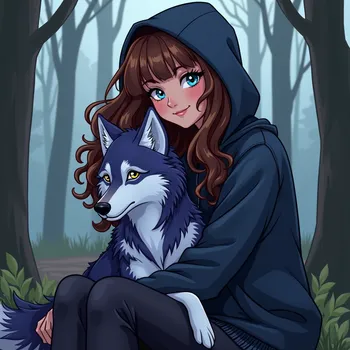 Woman with Wolf in the Woods