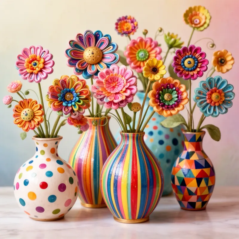 Wonder Bloom Mosaic - A creative and visually stunning floral still life featuring whimsical flowers with intricate petal structures, arranged in a collection of artistically patterned vases. Each vase showcases a mix of polka dots, linear stripes, and geometric designs in vivid contrasting colors. Decorative, joyful, and magical, with a handcrafted aesthetic and a dreamy gallery-quality style. - AI image generated with Flux 2