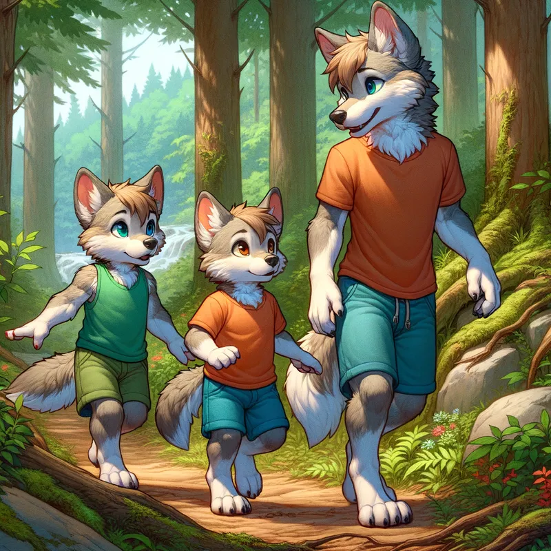Woodland Adventure - Three young wolves in shorts exploring the forest trails with their protective mother leading the way, surrounded by lush greenery. - AI image generated with Art