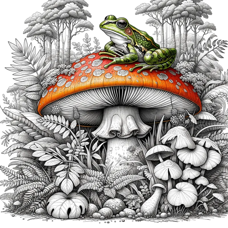 Woodland Frog Sanctuary - A charming, hand-drawn coloring book page showcasing a frog perched atop a vibrant, oversized mushroom, surrounded by a lush, detailed forest environment. - AI image generated with Art