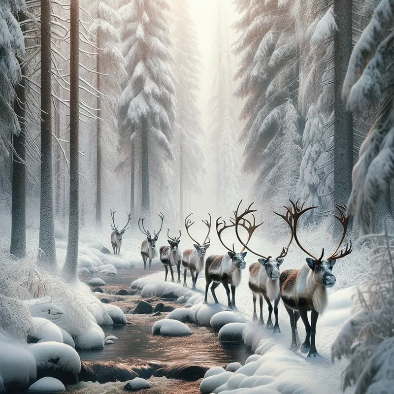 Woodland Reindeer Clan - A reindeer family wandering through a dense, snow-covered forest, with a serene brook running beside them. - AI image generated with Art - fantasy art