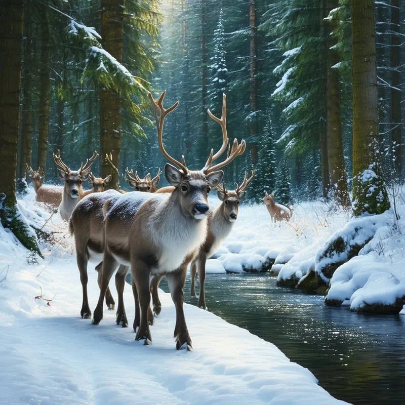 Woodland Reindeer Clan - A reindeer family wandering through a dense, snow-covered forest, with a serene brook running beside them. - fantasy art