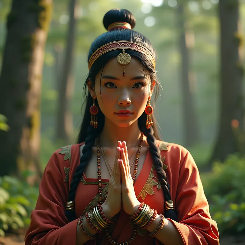 Woodland Tranquility - This highly detailed, photorealistic image shows a North-American indigenous woman in a serene forest scene. Adorned with traditional bracelets and a headband, she is captured in a Qigong pose with distinctive facial features. The image is reminiscent of 90s photography, taken with a Canon 1DX Mark III and 35mm lens, and enhanced using Unreal Engine 5 and Octane Render, highlighting the timeless elegance of indigenous traditions. - AI image generated with Photorealistic 2