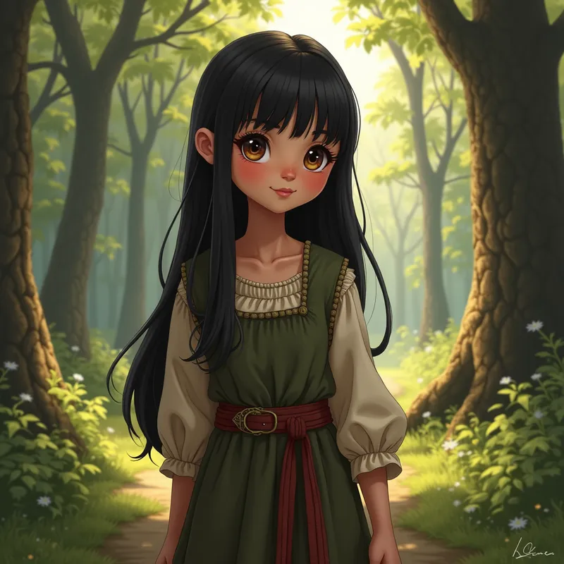 Woodland Wanderer - A young medieval girl, aged between 16-20, featuring straight black hair cascading down her back and sparkling chestnut eyes. She is pictured in a casual medieval dress, wandering through an enchanting forest with sunlight filtering through the trees. - AI image generated with Photorealistic 2