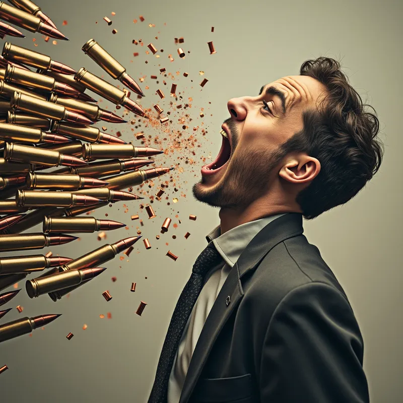 Words as Bullets - An image depicting a person being hit by bullets, but upon closer inspection, the bullets are made of harmful words, emphasizing the lethal effect of speech. - AI image generated with Photorealistic 2
