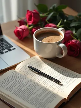 Workspace: Coffee, Laptop & Roses