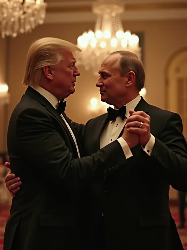 World Leaders Dancing in Ballroom - Ultra photorealistic cinematic scene of two high-profile world leaders (Donald Trumph e Vladimir Putin) dancing in a grand diplomatic ballroom, elegant suits, dramatic chandelier lighting, realistic facial expressions, shallow depth of field, 85mm lens look, ultra detailed skin texture, cinematic color grading, 8k, DSLR realism - AI image generated with Photorealistic 2 - photorealistic