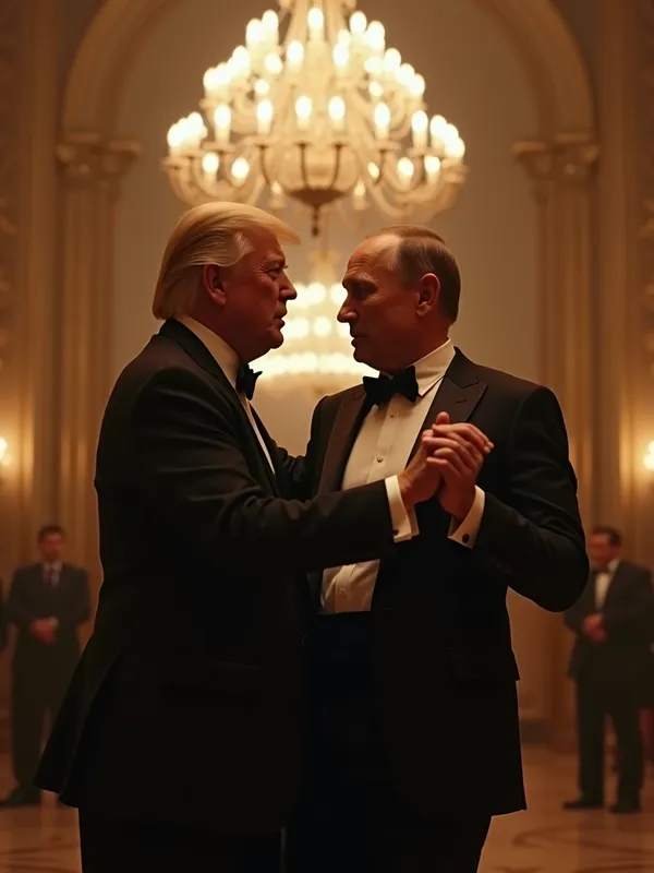 World Leaders Dancing in Ballroom - Ultra photorealistic cinematic scene of two high-profile world leaders (Donald Trumph e Vladimir Putin) dancing in a grand diplomatic ballroom, elegant suits, dramatic chandelier lighting, realistic facial expressions, shallow depth of field, 85mm lens look, ultra detailed skin texture, cinematic color grading, 8k, DSLR realism - AI image generated with Photorealistic 2 - photorealistic