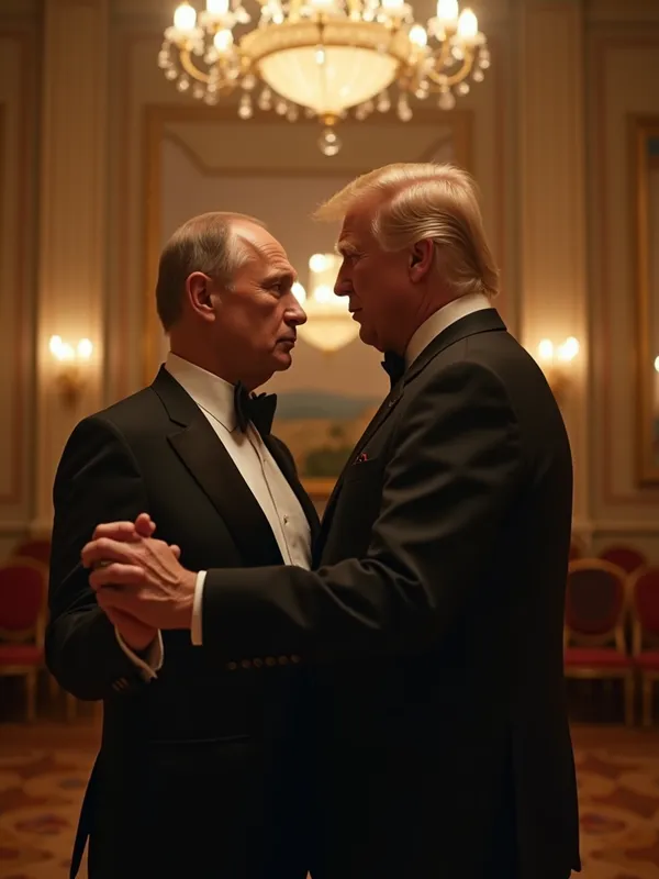 World Leaders Dancing in Ballroom - Ultra photorealistic cinematic scene of two high-profile world leaders (Donald Trumph e Vladimir Putin) dancing in a grand diplomatic ballroom, elegant suits, dramatic chandelier lighting, realistic facial expressions, shallow depth of field, 85mm lens look, ultra detailed skin texture, cinematic color grading, 8k, DSLR realism - AI image generated with Photorealistic 2 - photorealistic