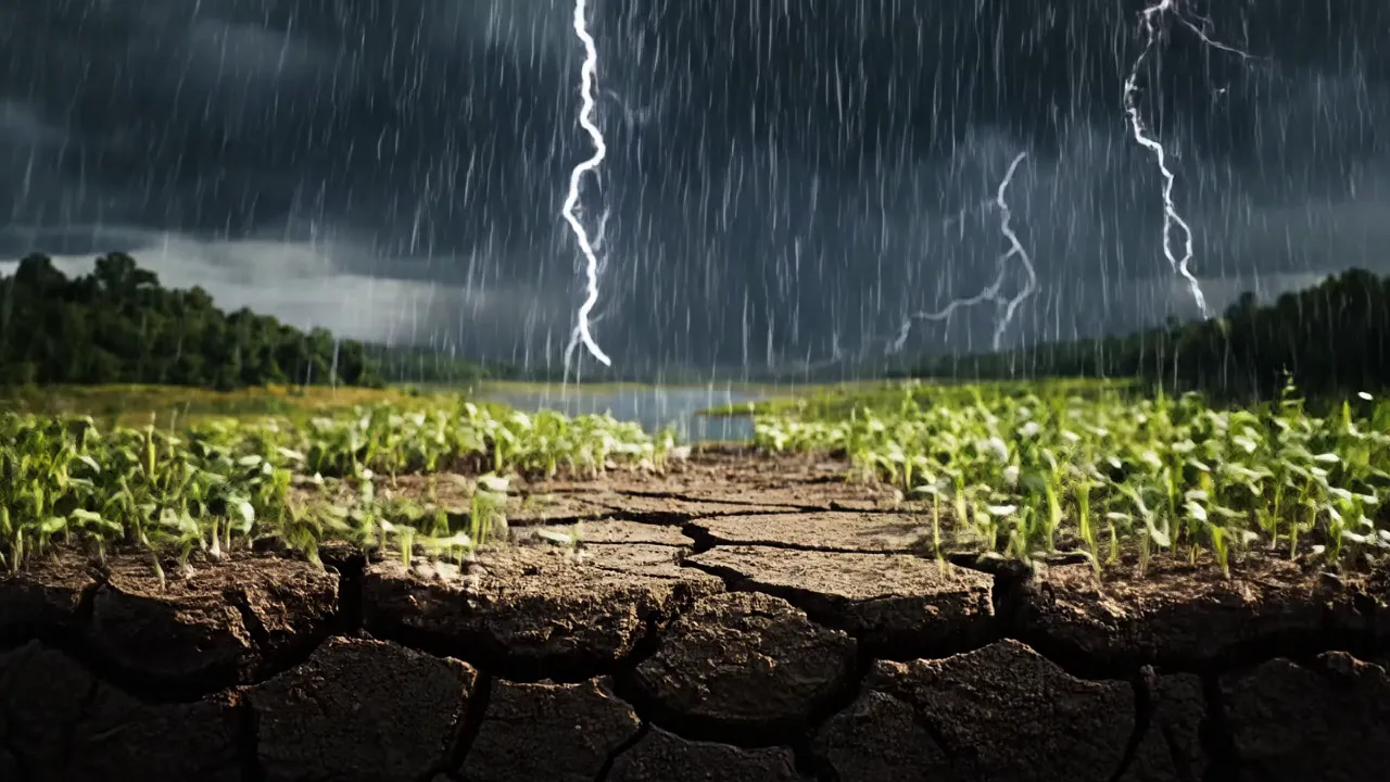 World Reborn After the Drought - An epic scene showing the world healing after a long global drought. Fresh greenery sprouting from previously cracked, dry earth; lakes and rivers filling with clear water; nature coming back to life. In the background, dark storm clouds, light mist, and realistic rain effects. Dramatic lightning illuminating the sky with deep, rumbling thunder, creating a powerful and emotional atmosphere. Ultra-realistic, highly detailed, cinematic composition symbolizing hope, rebirth, and the restoration of nature. - AI video generated with Veo 3 Fast