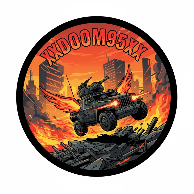 XXDOOM95XX Armored Fury - Create a circular vector image for a sticker: An aggressive, gun-armed armored vehicle with glowing red headlights, soaring over ruined debris amid a blazing, chaotic urban inferno. Flames envelop the scene, emphasizing speed and destruction. 'XXDOOM95XX' is printed at the top in a distressed, bold font. - AI image generated with Nano Banana