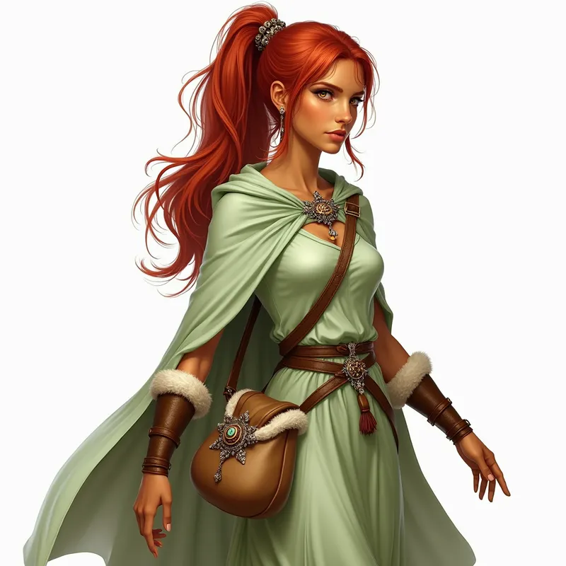Xalthera Woman with Medicine Bag - Depict a graceful Xaltheran woman with shiny red hair pulled into a ponytail by a jeweled clip. Her sienna skin glows, and her facial features are sharp and elegant with wide amber eyes. She is dressed in a flowing light green dress and a matching cape, the latter held by a jeweled brooch identical to her hair ornament. She carries a medicine bag made from animal skin, coordinating with her fur-lined boots. Her short fingernails are natural and unpainted. - AI image generated with Flux