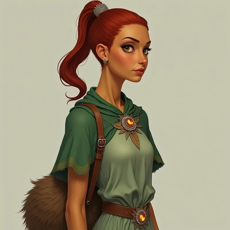 Xaltheran Healer in Green Cape - A woman from Xalthera stands tall with sleek red hair pulled back in a ponytail, secured by a sparkling jeweled clip. Her skin is silky, smooth, and sienna-colored, contrasting with her large amber eyes set in a thin face with a sharp nose and full lips. She wears a light green dress, complemented by a matching cape fastened by a jeweled brooch akin to her hair clip. Her short, unpainted fingernails lightly grip a rustic animal skin medicine bag, slung over her shoulder. At her feet, she dons fur-covered boots that match the bag. - AI image generated with Flux