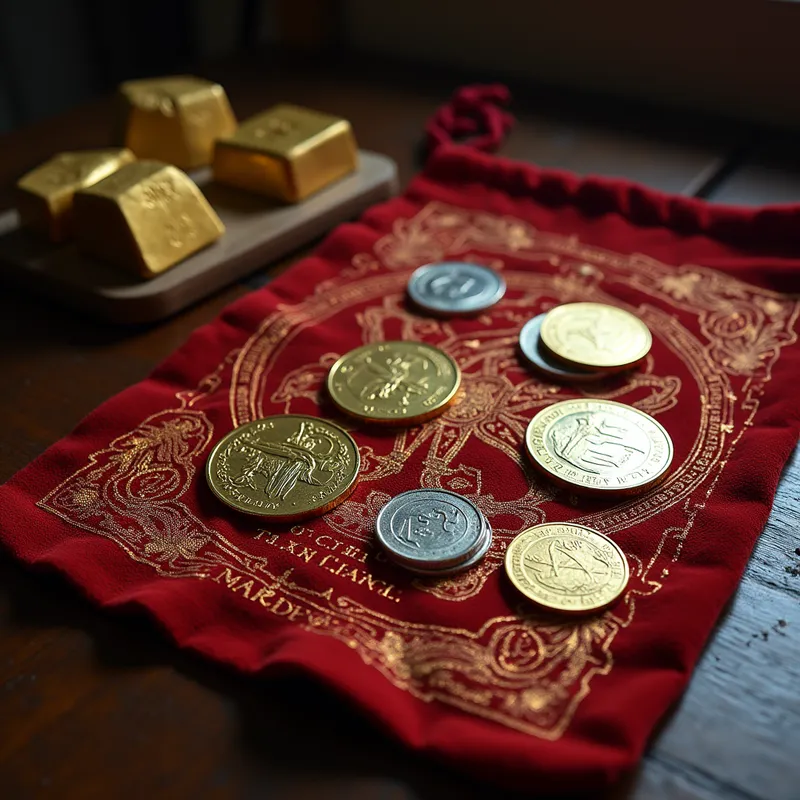 Xaltherean Currency Set - A complete set of Xaltherean currencies: gold coins, copper bars, and silver tokens, arranged artistically atop a velvet cloth, illustrated with glowing alien script. - AI image generated with Photorealistic 2