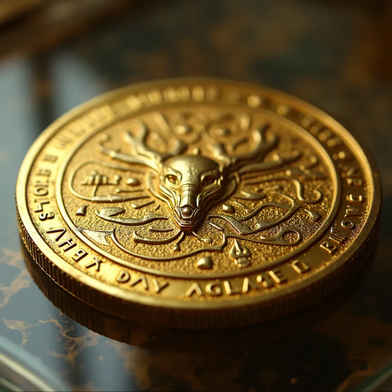 Xaltherean Gold Coin - A close-up image of a Xaltherean gold coin, with intricate alien engravings, mystical symbols, and flawless golden luster, lying on a glass table under soft light. - AI image generated with Photorealistic 2