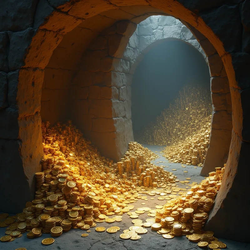 Xaltherean Vault Treasures - A fantasy-inspired vault filled with piles of Xaltherean gold, copper, and silver currency, sparkling in the dim light, echoing wealth and mysterious culture. - AI image generated with Photorealistic 2