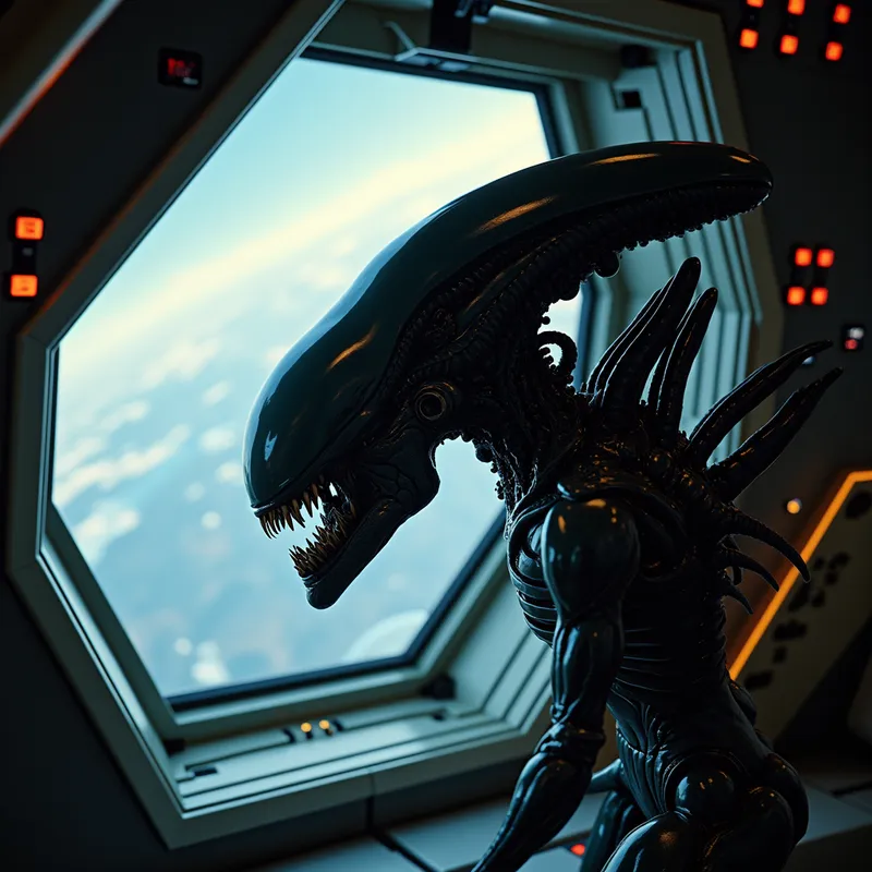 Xenomorph Aboard Spaceship - xenomorph hiding on a space ship - AI image generated with Photorealistic 2