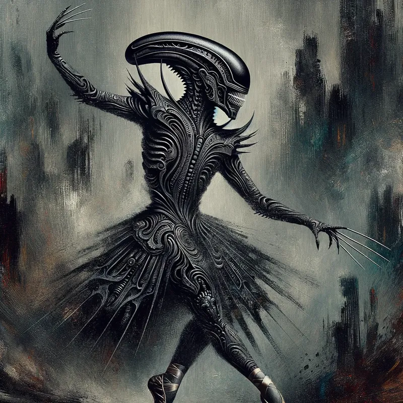 Xenomorph Dance - Showcase a talented Hispanic ballerina wearing an intricately designed black neoprene suit that takes on the appearance of a xenomorph. Her sleek black ballet pointe shoes add to the alien-like look as she performs on a mysterious, shadowy stage. - AI image generated with Art - Giger
