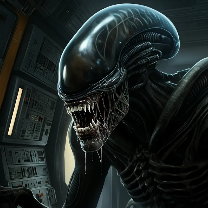 Xenomorph in Eerie Space Shuttle - An alien xenomorph inside a space shuttle, its sharp teeth glistening with drool. The dim, eerie lighting of the shuttle casts shadows, highlighting the menacing features of the creature. The interior of the shuttle is detailed with futuristic controls and panels, adding to the sci-fi atmosphere. - AI image generated with Imagen 3