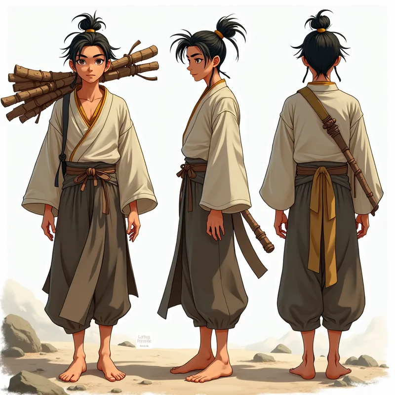 Xianx Protagonist's Journey - A full-body character design of a young male Xianxia (cultivation) novel protagonist, shown from three angles: front view, back view, and side profile. He has a handsome face with bright, star-like eyes, sharp brows, a tall nose, and a playful, charming smile. He wears tattered yet flowing robes that hint at his humble origins in a remote mountain village. His clothing is worn but still has elegant lines, suggesting a hidden destiny. His build is lean but strong, his posture relaxed, with a wooden staff or bundle of firewood slung over one shoulder. Despite his poor appearance, his aura suggests extraordinary cultivation potential. His hair is tied in a messy topknot, and his bare feet walk the dirt path confidently. The environment subtly reflects his rural background, yet his presence feels destined for greatness. Highly detailed, realistic style, character sheet format, front-back-side view.
Style: highly detailed, realistic, anime-realism fusion
Lighting: soft ambient lighting with natural shadows
Format: character turnaround sheet or concept art layout - AI image generated with Photorealistic 2