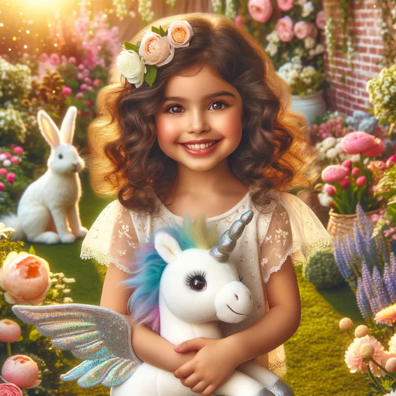Yashica's Garden Adventure - A cheerful 4-year-old girl, Yashica, with sparkling eyes and bouncy curls, standing in a vibrant garden filled with colorful flowers. She holds a plush unicorn toy with shimmering wings close to her chest. Nearby, her fluffy white bunny, Snowball, sits curiously among the flowers. The scene is sunny and whimsical, with soft pastel tones. - AI image generated with Art