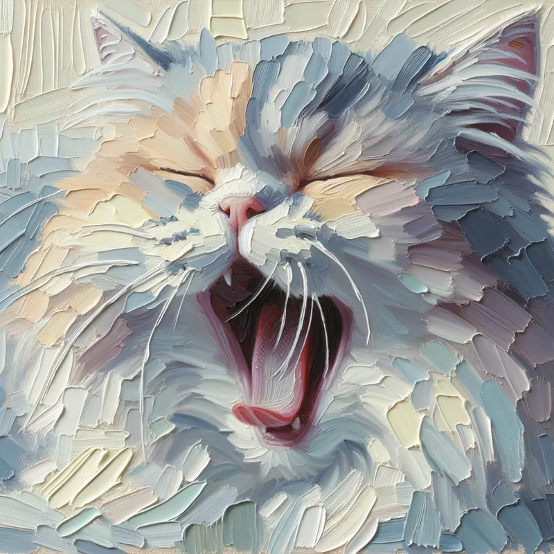 Yawning Cat - Oil Impasto painting of a cat yawning with closed eyes. Soft strokes, pale colours. - AI image generated with Art