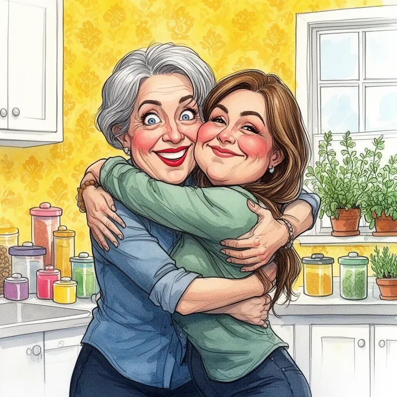 Yellow Kitchen Bear Hug - A humorous watercolor and ink illustration in detailed clipart style of a quirky mother with short gray hair and bright lipstick squeezing her pretty 20-something daughter in a huge bear hug. The daughter has long hair, a beautiful smile distorted by the tight embrace, with squished cheeks and bulging eyes. Their arms are wrapped completely around each other, anatomically correct, wearing casual clothes. Use rule of thirds composition, placing the hugging pair off-center for dramatic effect. Set in a colorful yellow kitchen with wallpapered walls, white cabinets, a countertop with colorful canisters, and herbs growing in pots on the windowsill. Exaggerated expressions, playful energy, highly detailed. - AI image generated with Flux 2
