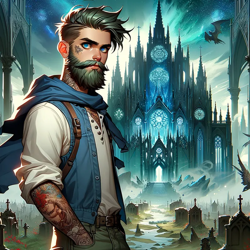 Yharn Tattooed Beard - A young man with a beard, blue eyes, and tattoos, at the foot of Yharnam Cathedral in the Bloodborne universe, illustrated in a cartoon style. - AI image generated with Art