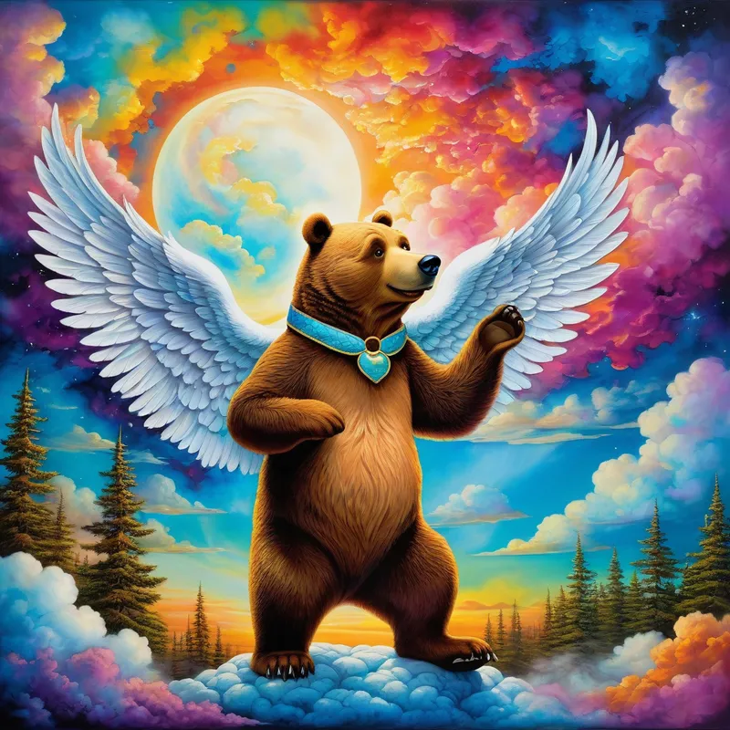 Yogi's Heavenly Vigil - Portray Yogi Bear as a guardian angel descending from the sky, watching over Booboo Bear on the ground. The background showcases a vibrant dreamscape of clouds and sky, using alcohol ink on glass to achieve a surreal, beautiful effect. - AI image generated with Photorealistic