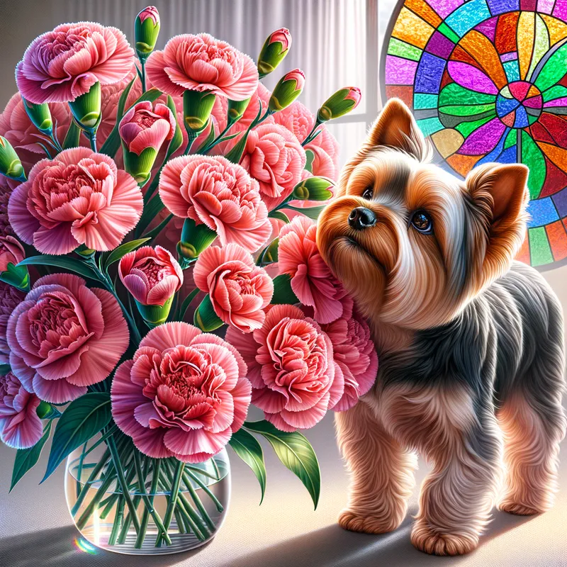 Yorkie Among Carnations - Pink carnations. Yorkie - AI image generated with Art - stained glass image