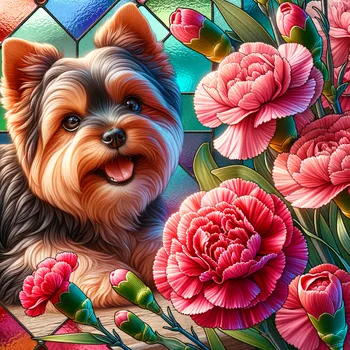 Yorkie Among Carnations