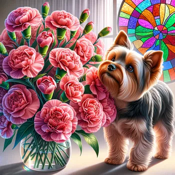 Yorkie Among Carnations