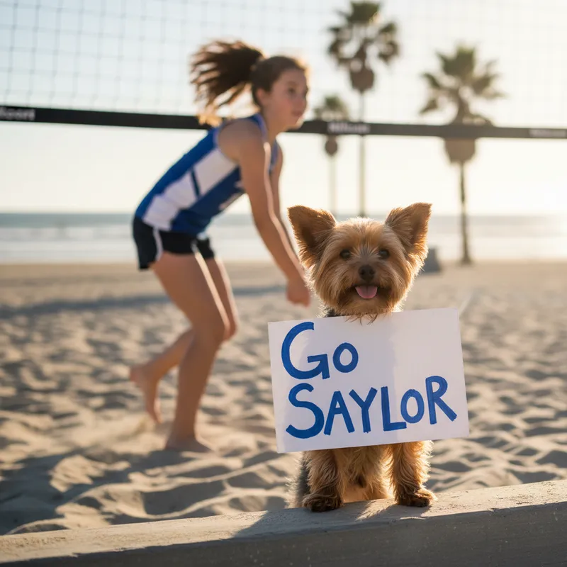 Yorkie Cheering for Saylor - A yorkie is cheering for a young girl with brown hair, playing volleyball. Yorkie has a sign “Go Saylor “ - AI image generated with Nano Banana - motion blur, highlights: Nikon D700, Nikkor 50mm 1.8