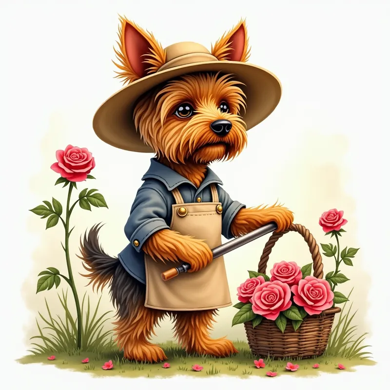 Yorkie Gardener' 🌹 - A Yorkie cartoonish abstract watercolor of a Yorkie in a garden apron and a sun hat, cutting roses, a basket of rose roses on the ground - AI image generated with Photorealistic 2