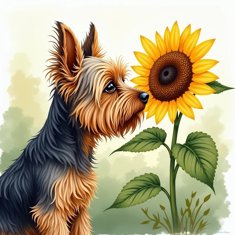 Yorkie Sniffs Sunflower - Watercolor - Yorkie sniffing a big sunflower  - AI image generated with Photorealistic 2 - watercolor