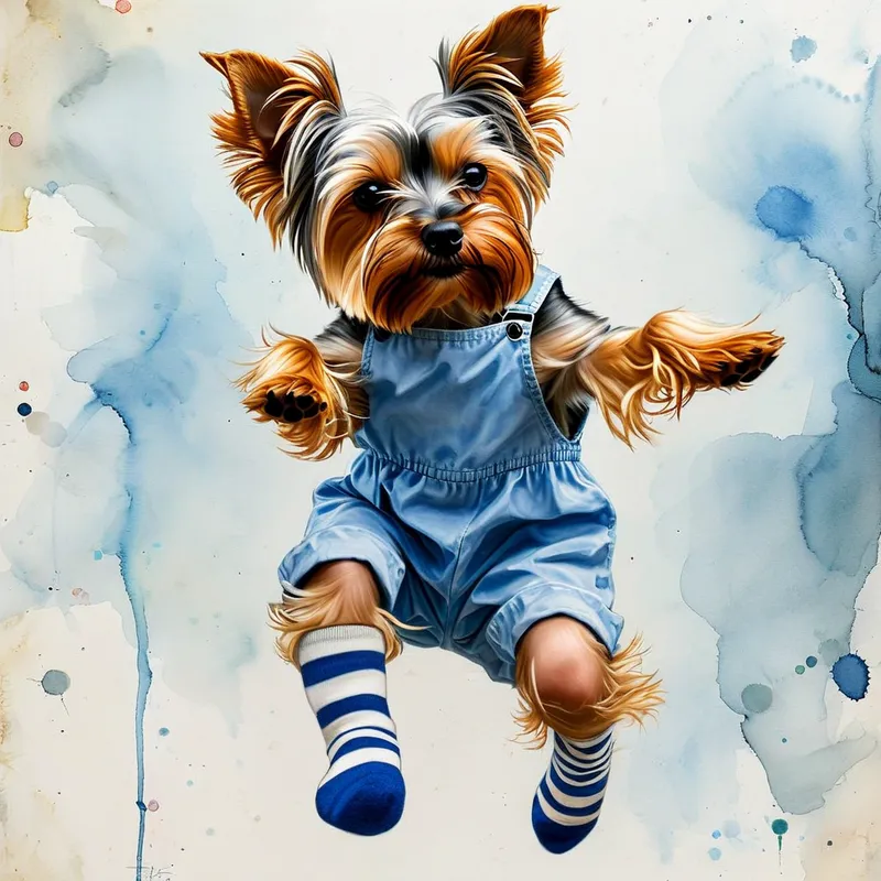 Yorkie in Blue Romper Jumping from Sock - tan and silver yorkie jumping in a striped sock wearing a little blue romper
- AI image generated with Nova Canvas - alcohol ink, Luis Royo