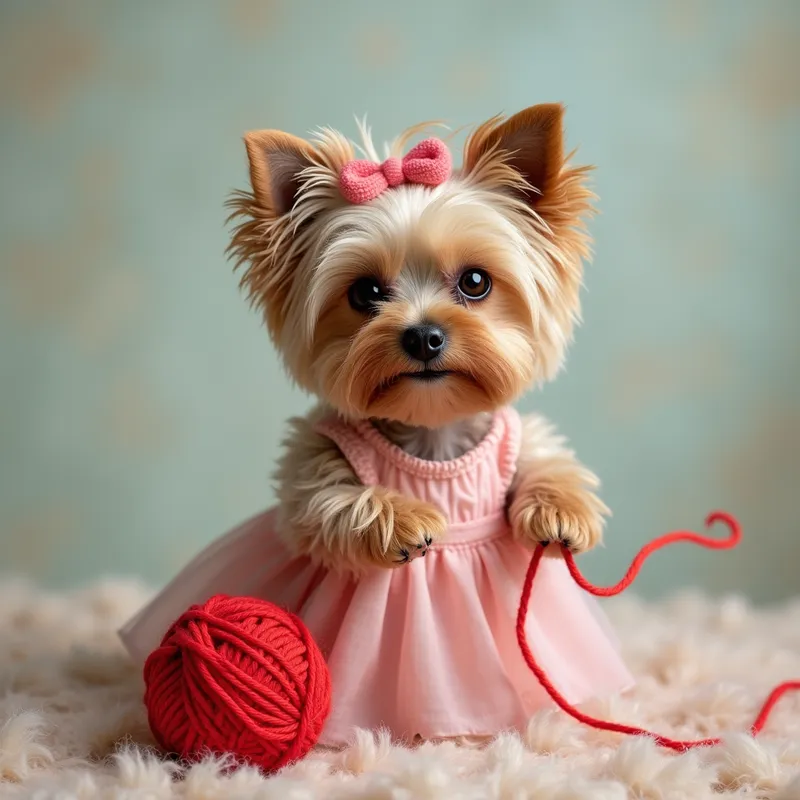 Yorkie in Dress Finds Red Yarn Ball - little yorkie in a dress discovered a red ball of yarn
 - AI image generated with Photorealistic 2 - pastel colors