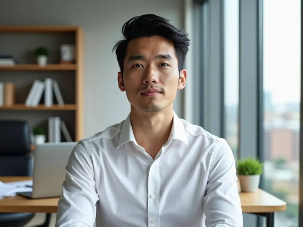 Young Executive in Modern Office - A realistic young professional male, 21-25 years old, from the United States with neatly styled black hair and a clean-shaven face, displaying a calm and composed expression. Seated upright in a modern corporate office, he is dressed in a well-fitted white dress shirt. The office background features a neutral color palette, a tidy desk with a laptop and documents, a bookshelf with business books and a small plant, and large windows with a view of a U.S. business district. Soft, even lighting creates a balanced and authoritative look. - AI image generated with Photorealistic 2