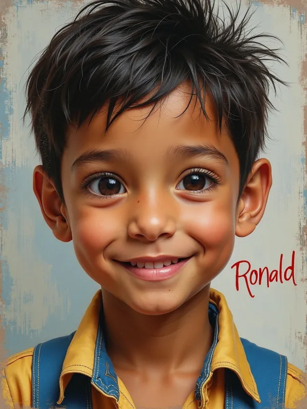 Young Filipino Boy Portrait - A detailed portrait of a young Filipino boy with expressive eyes and a warm smile, with the name 'Ronald' artistically written within the background. - AI image generated with Text - photorealistic